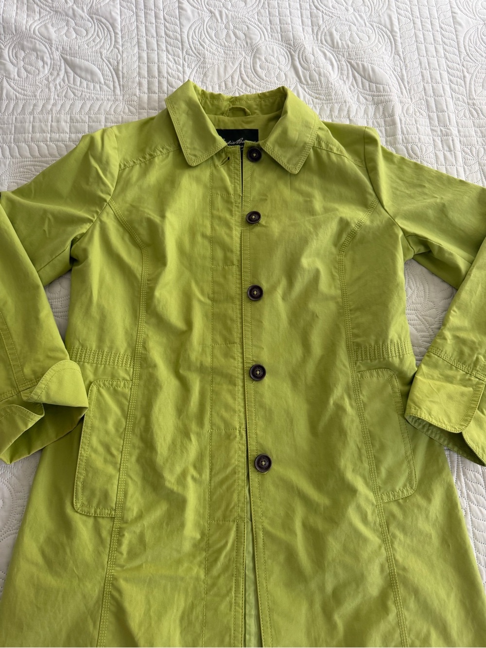 Women's Eddie Bauer Lime Green Single-Breasted Trench Rain Coat Medium Outdoors - Picture 2 of 8